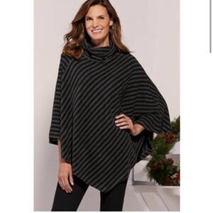 Soft Surroundings Chelsea Lagenlook Black Gray Stripe Comfort Poncho Women's 0S
